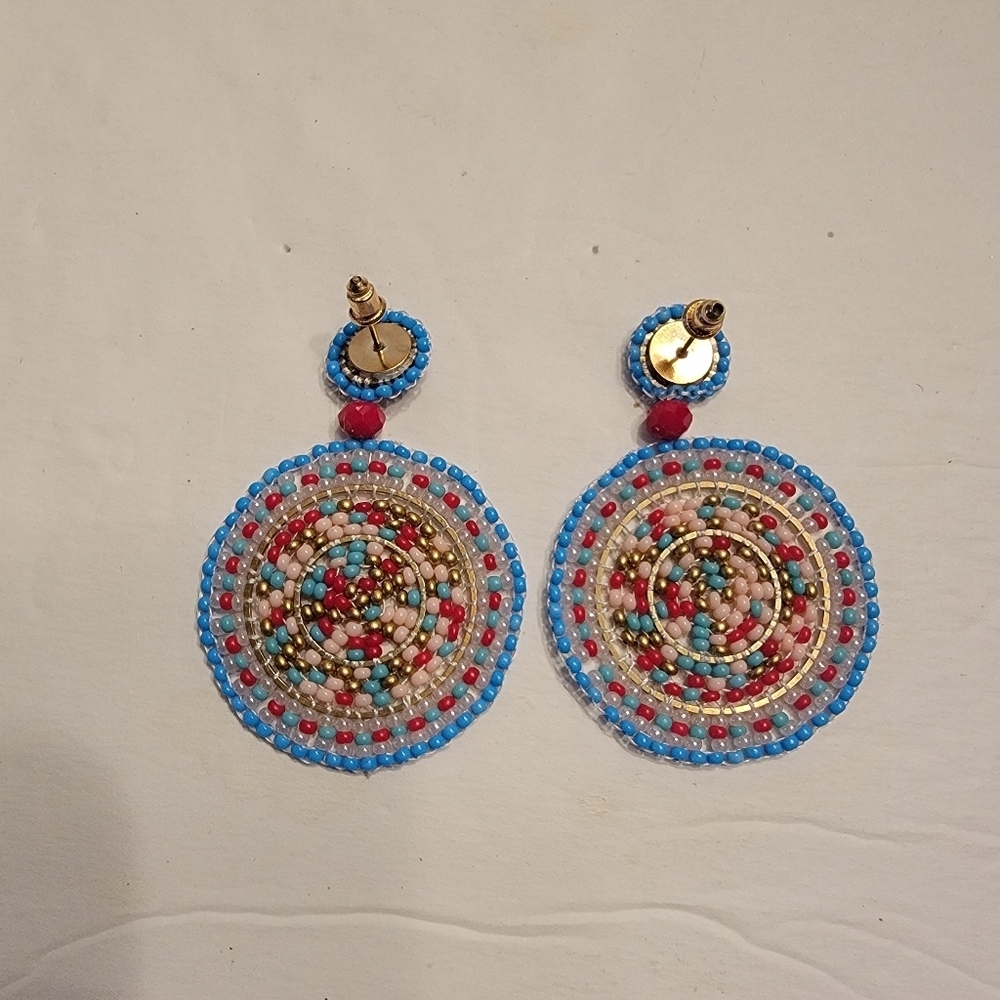 Beaded Multicolor Medallion Disc Dangle Earrings - Picture 3 of 5
